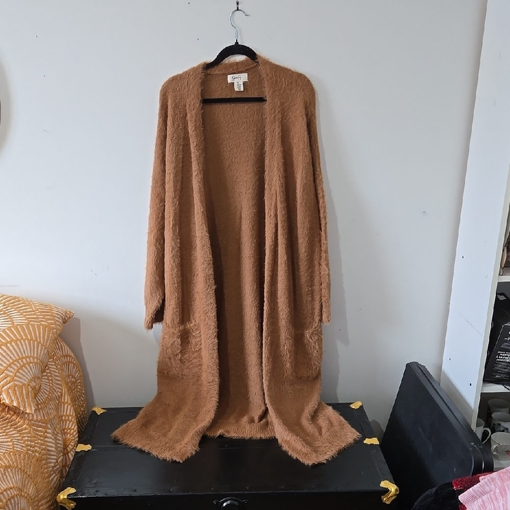 Jessica Simpson Long Fuzzy Open Cardigan in Camel Brown